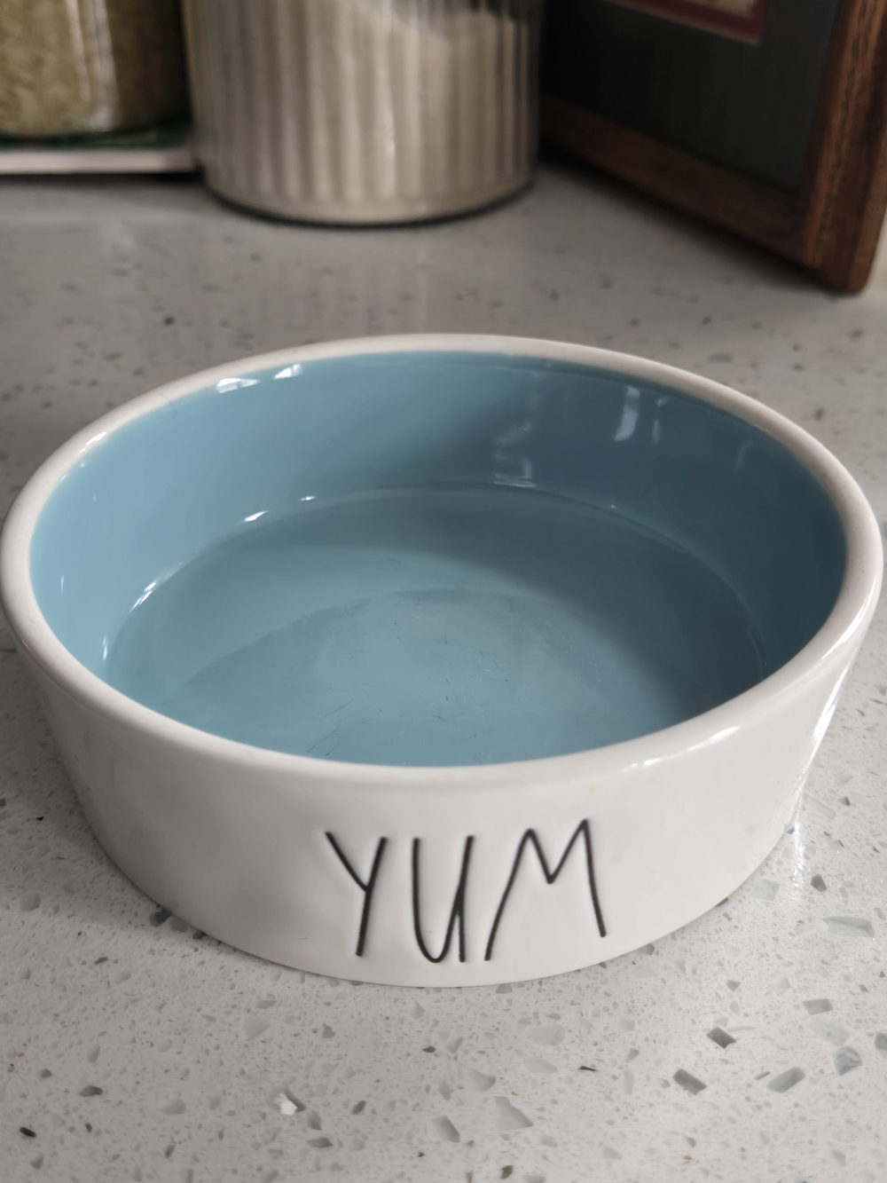 Rae Dunn White Ceramic Pet Bowl with Blue Interior - "YUM"